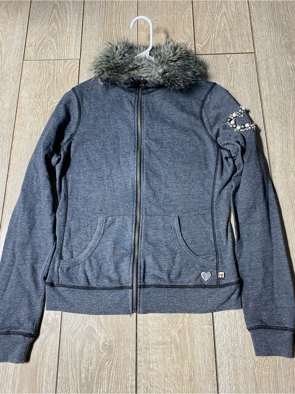 Twisted Heart Y2K Charcoal Grey Faux Fur Trim Full Zip Hoodie Sweatshirt VTG M